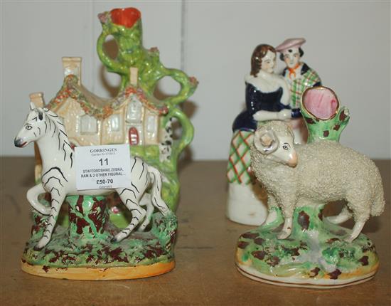 Staffordshire Zebra, ram & 2 other figural groups